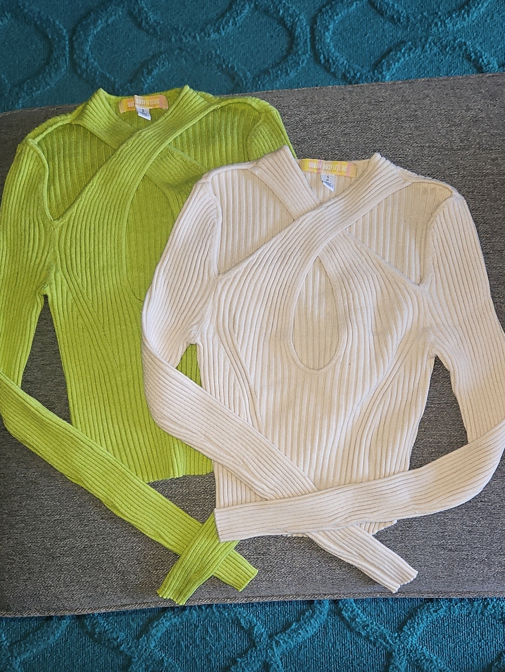 Urban Outfitters Ribbed Cross-Front Sweater - Lime Green & Cream S